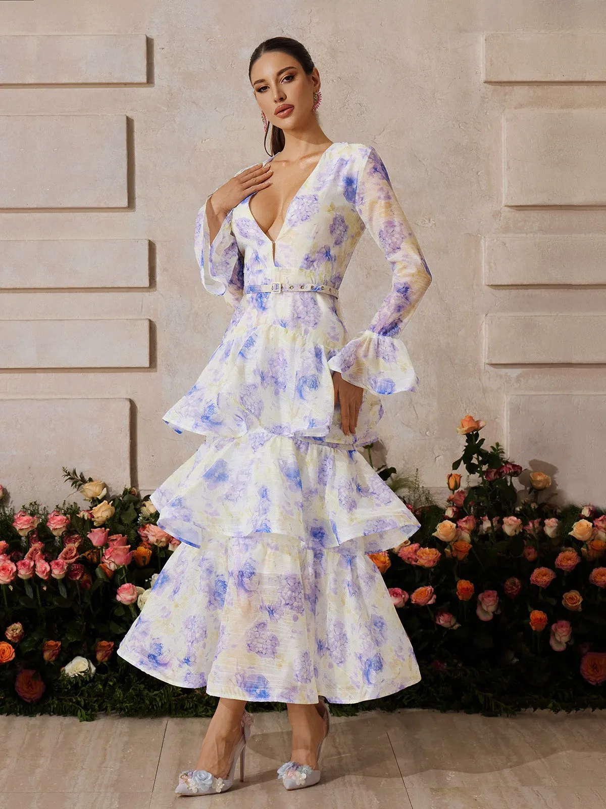 Yaeltric Plunge Neck Floral Tiered Maxi Dress sold by Mew Mews product image thumbnail 5