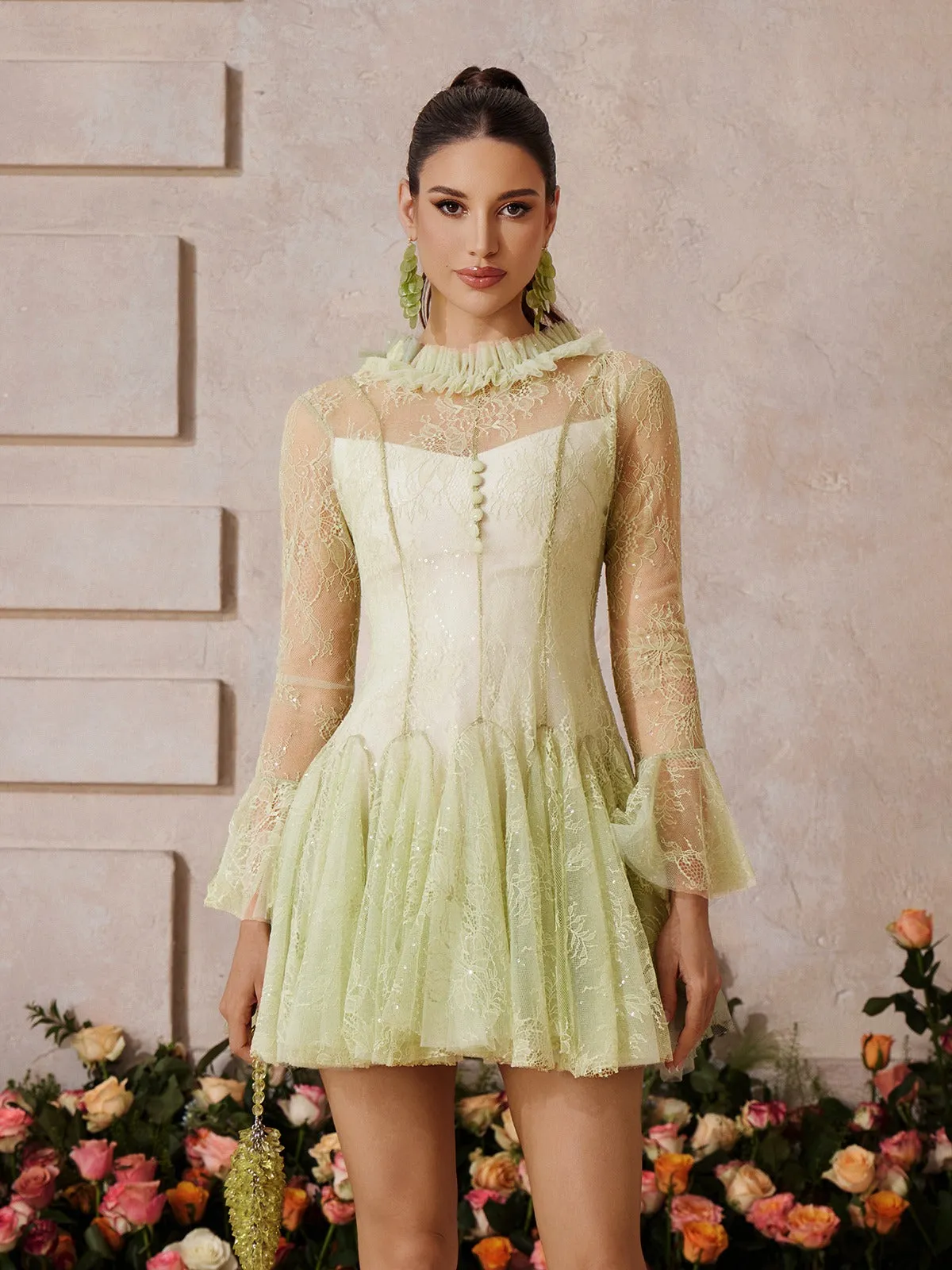 Xaeltric Bell Sleeve Lace Sequin Mini Dress sold by Mew Mews product image thumbnail 5