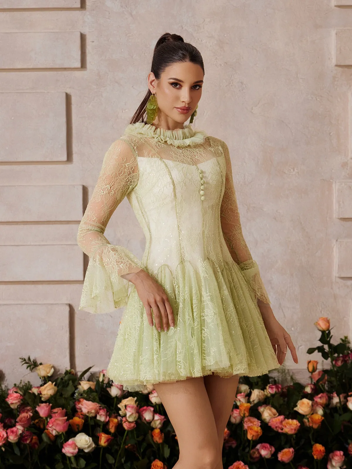 Xaeltric Bell Sleeve Lace Sequin Mini Dress sold by Mew Mews product image thumbnail 4