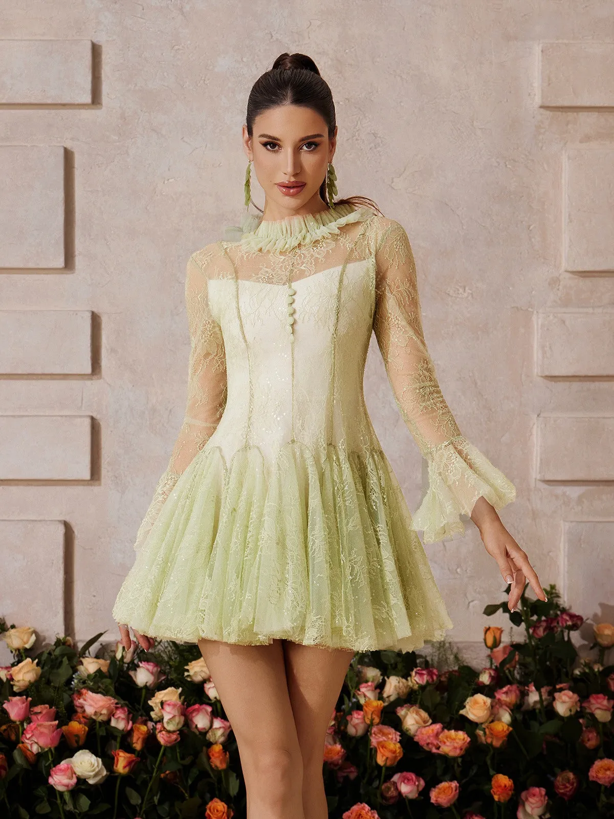Xaeltric Bell Sleeve Lace Sequin Mini Dress sold by Mew Mews product image thumbnail 3