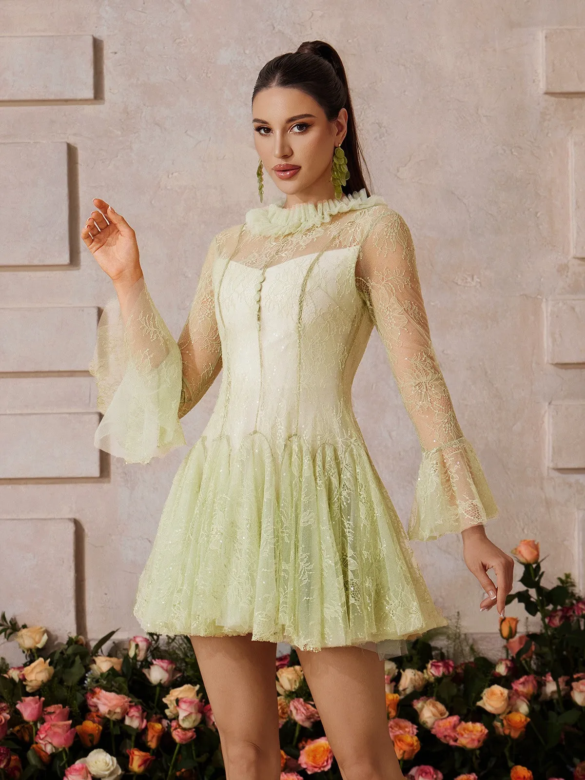 Xaeltric Bell Sleeve Lace Sequin Mini Dress sold by Mew Mews product image thumbnail 2