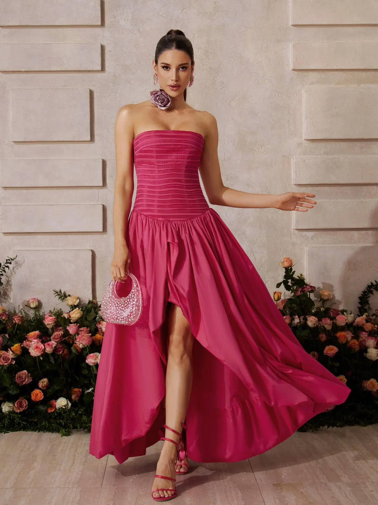 Rexmir Strapless Ruched Maxi Dress In Hot Pink sold by Mew Mews