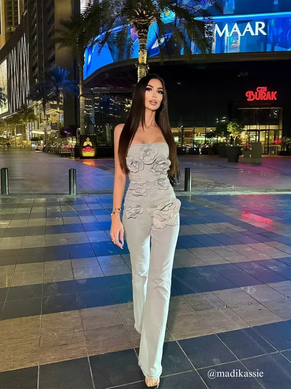Dalila Strapless Flower Denim Jumpsuit sold by Mew Mews