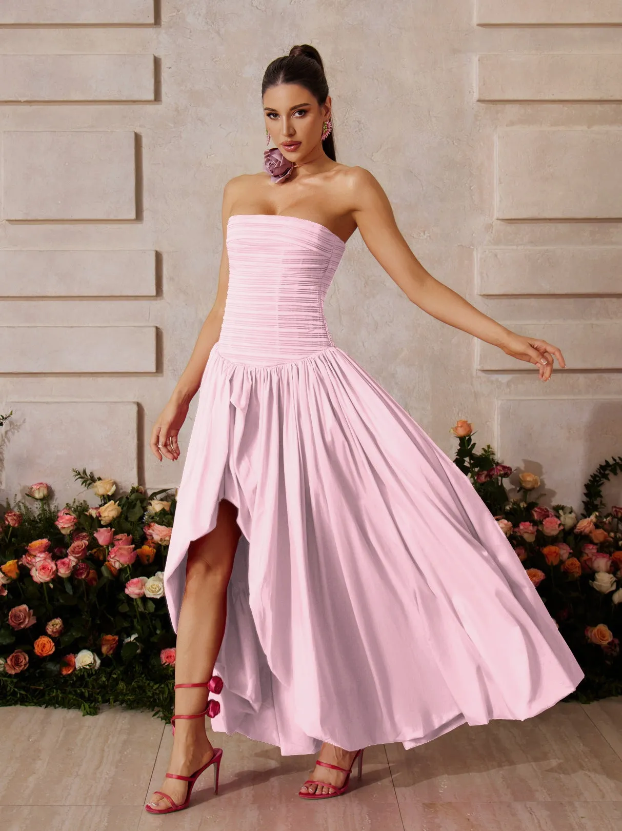 Rexmir Strapless Ruched Maxi Dress In Pink sold by Mew Mews product image thumbnail 4