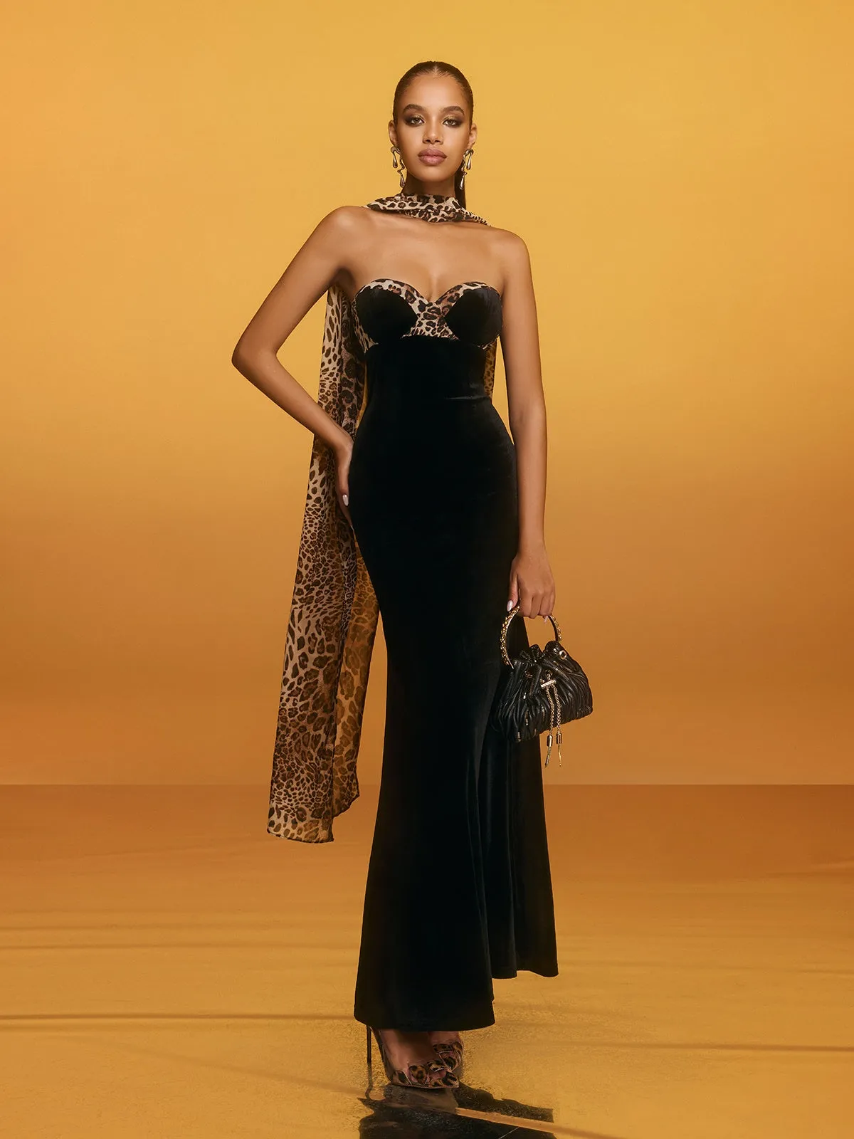 Rawan Strapless Leopard Velvet Maxi Dress sold by Mew Mews