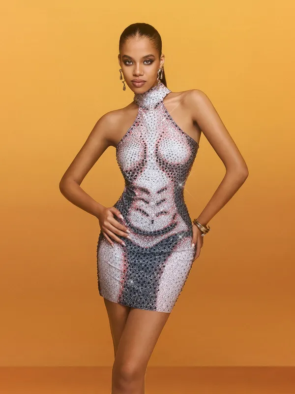 Arythia Halterneck Rhinestone Mini Dress sold by Mew Mews