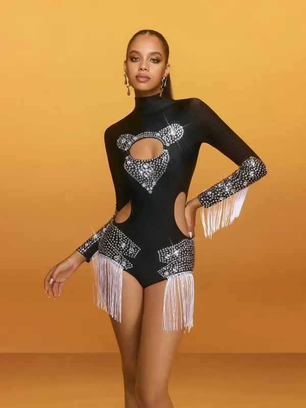 Brazak Cutout Rhinestone Fringe Bodysuit sold by Mew Mews