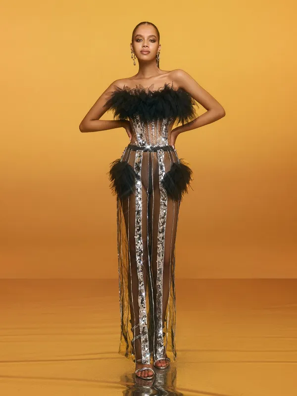 Brazor Strapless Feather Sequin Pants Set sold by Mew Mews
