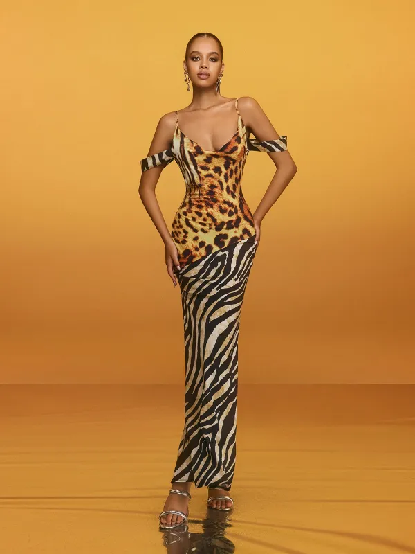 Blyxar Cowl Neck Leopard Maxi Dress made by Mew Mews