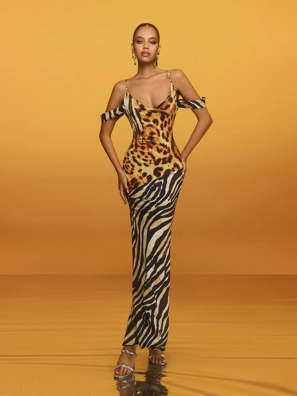 Blyxar Cowl Neck Leopard Maxi Dress sold by Mew Mews