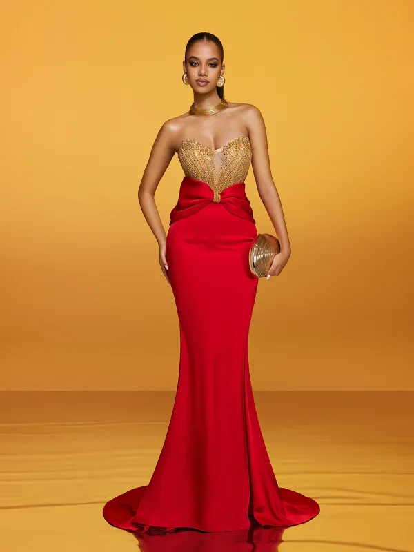 Renato Strapless Bow Satin Maxi Dress sold by Mew Mews