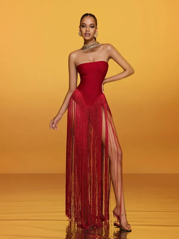 Rendor Strapless Fringe Bandage Maxi Dress sold by Mew Mews