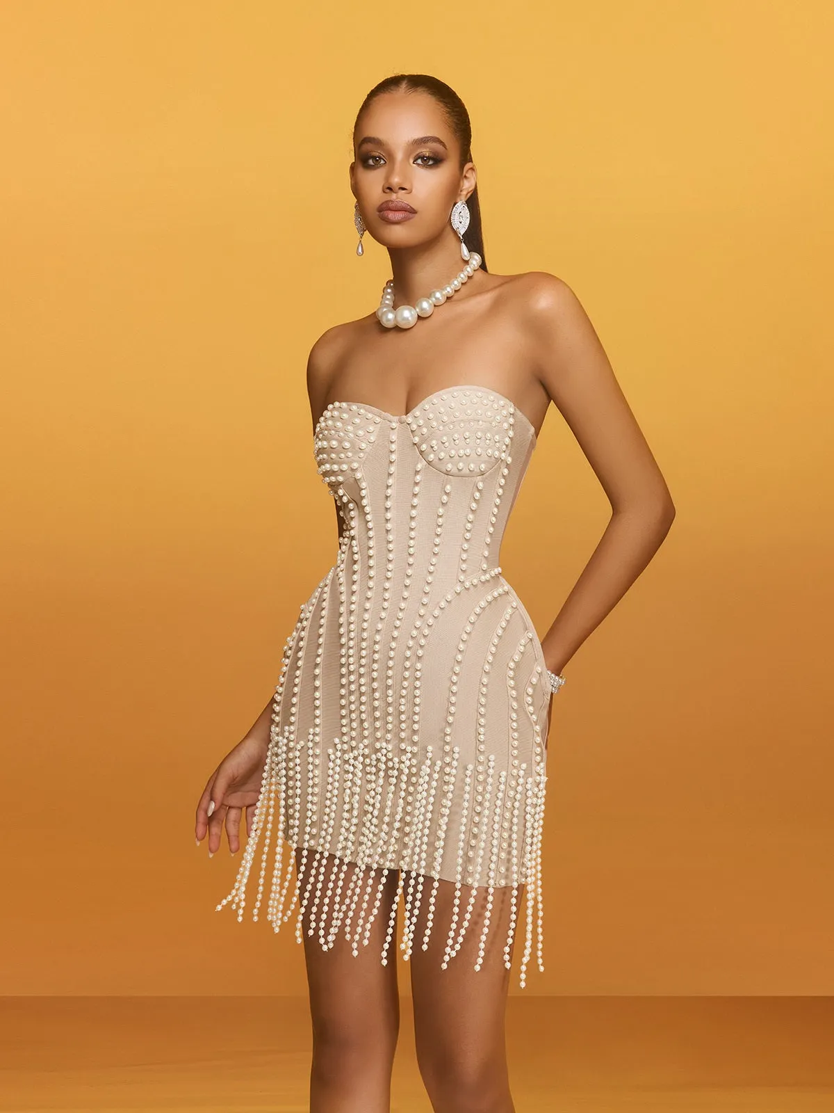 Reika Strapless Pearl Fringe Bandage Mini Dress sold by Mew Mews product image thumbnail 2