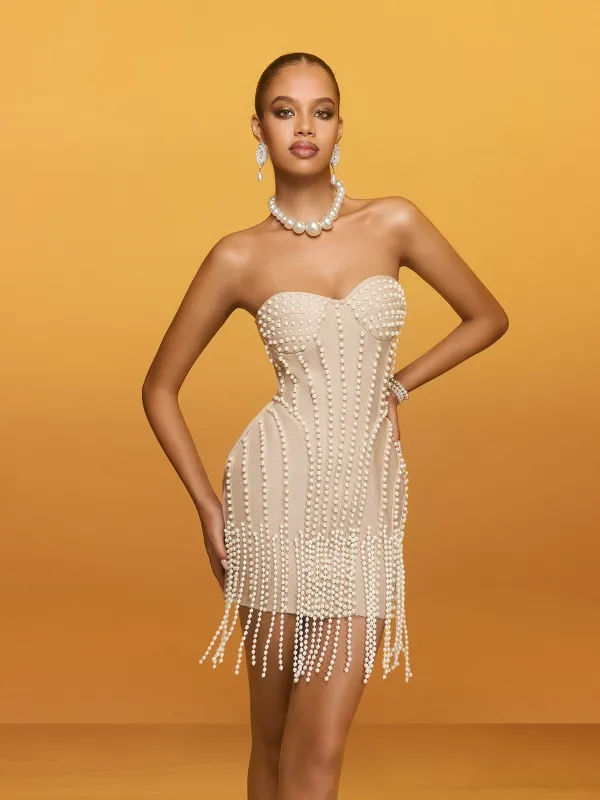 Reika Strapless Pearl Fringe Bandage Mini Dress sold by Mew Mews