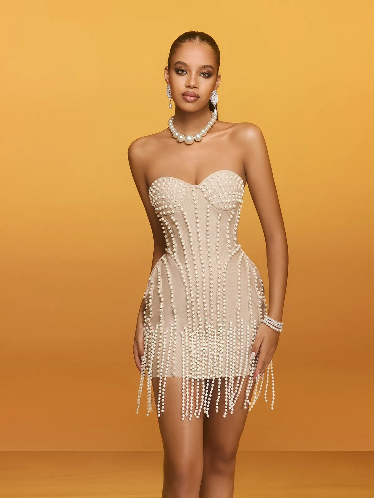 Reika Strapless Pearl Fringe Bandage Mini Dress sold by Mew Mews product image thumbnail 4
