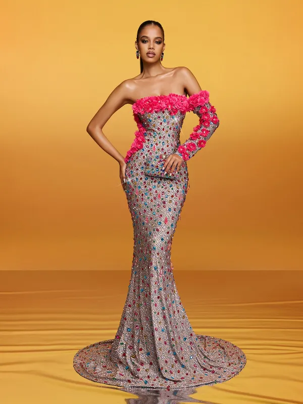 Alythia Off Shoulder Flower Crystal Maxi Dress sold by Mew Mews