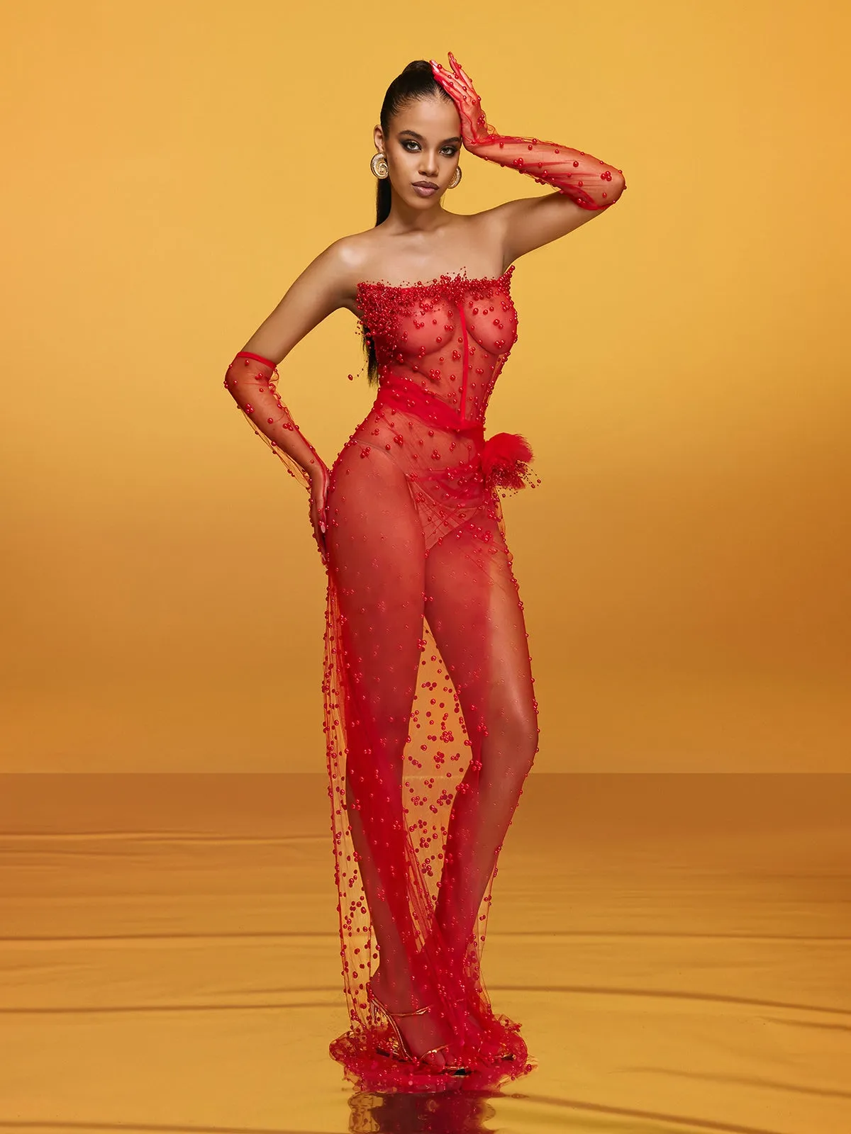 Asterra Strapless Pearl Mesh Maxi Dress sold by Mew Mews product image thumbnail 4