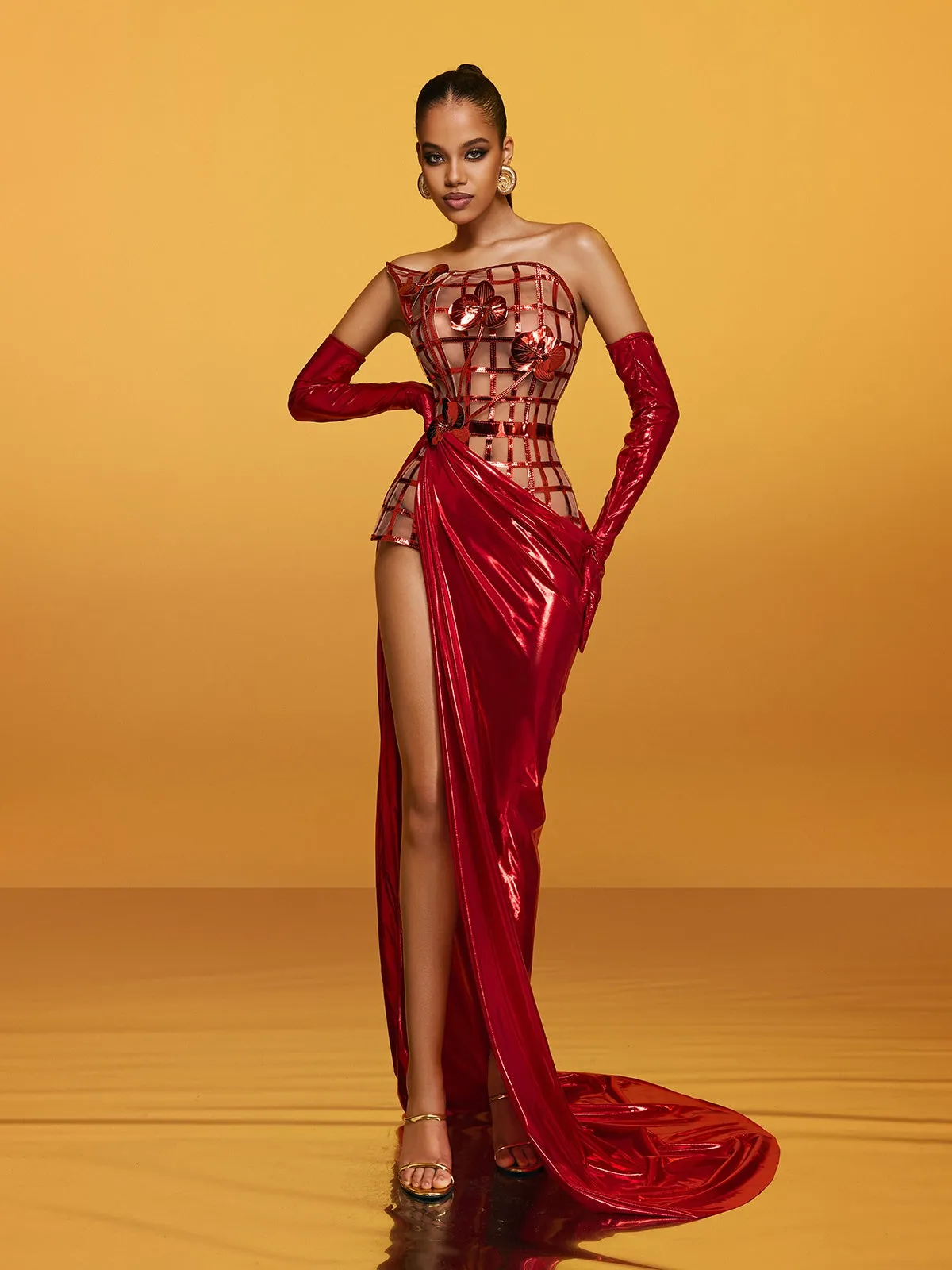 Aethon Strapless Metallic Flower Maxi Dress In Red sold by Mew Mews