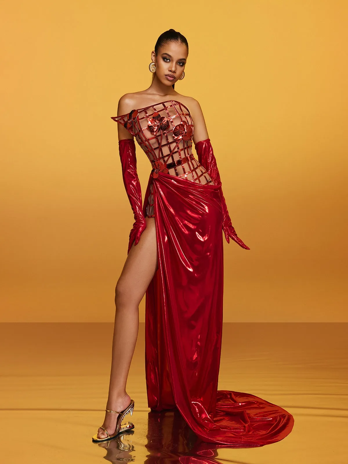 Aethon Strapless Metallic Flower Maxi Dress In Red sold by Mew Mews product image thumbnail 3