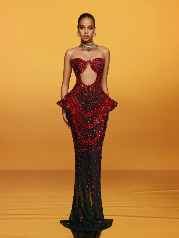 Arygon Strapless Cutout Crystal Maxi Dress In Wine sold by Mew Mews