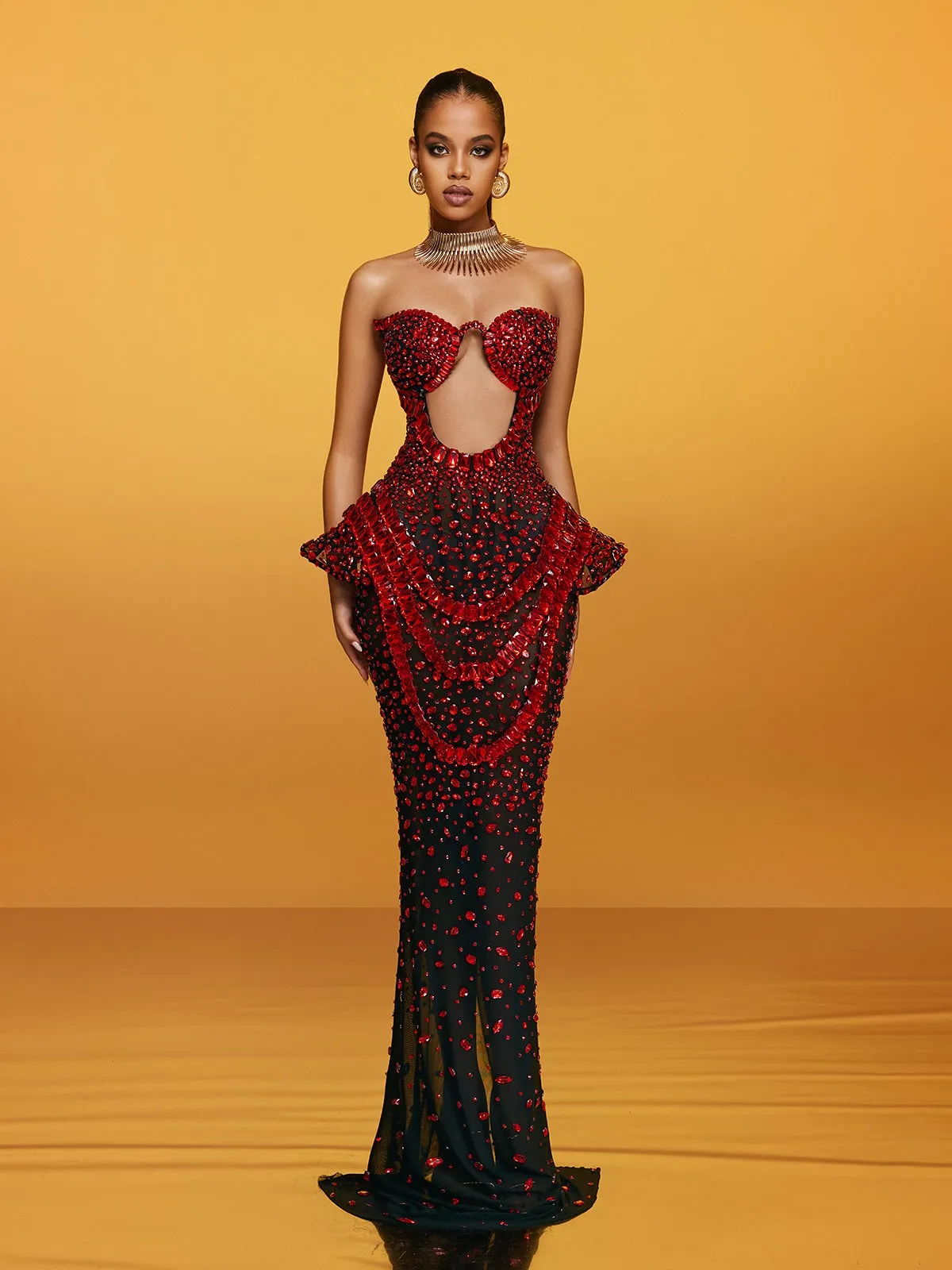 Arygon Strapless Cutout Crystal Maxi Dress In Wine sold by Mew Mews