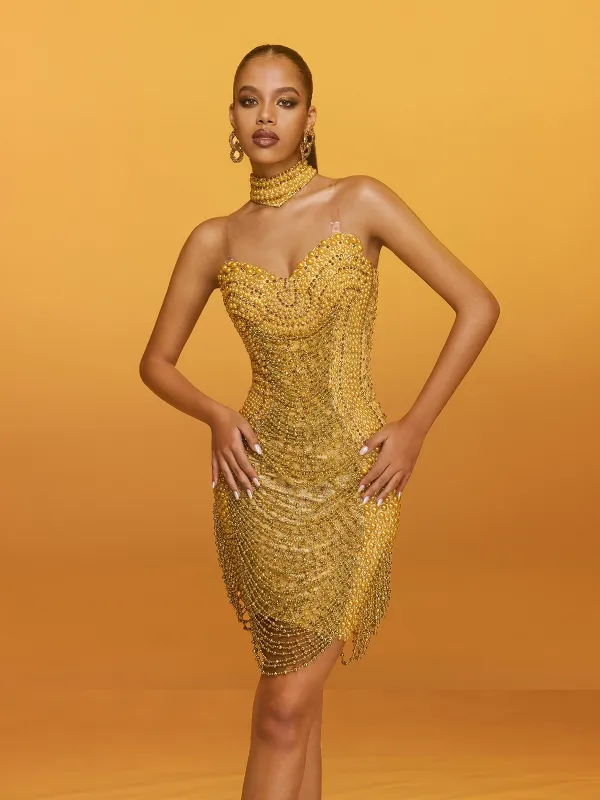 Aryxia Crystal Fringe Chain Mini Dress sold by Mew Mews