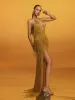 Elvrik Halterneck Fringe Cutout Split Maxi Dress In Gold sold by Mew Mews