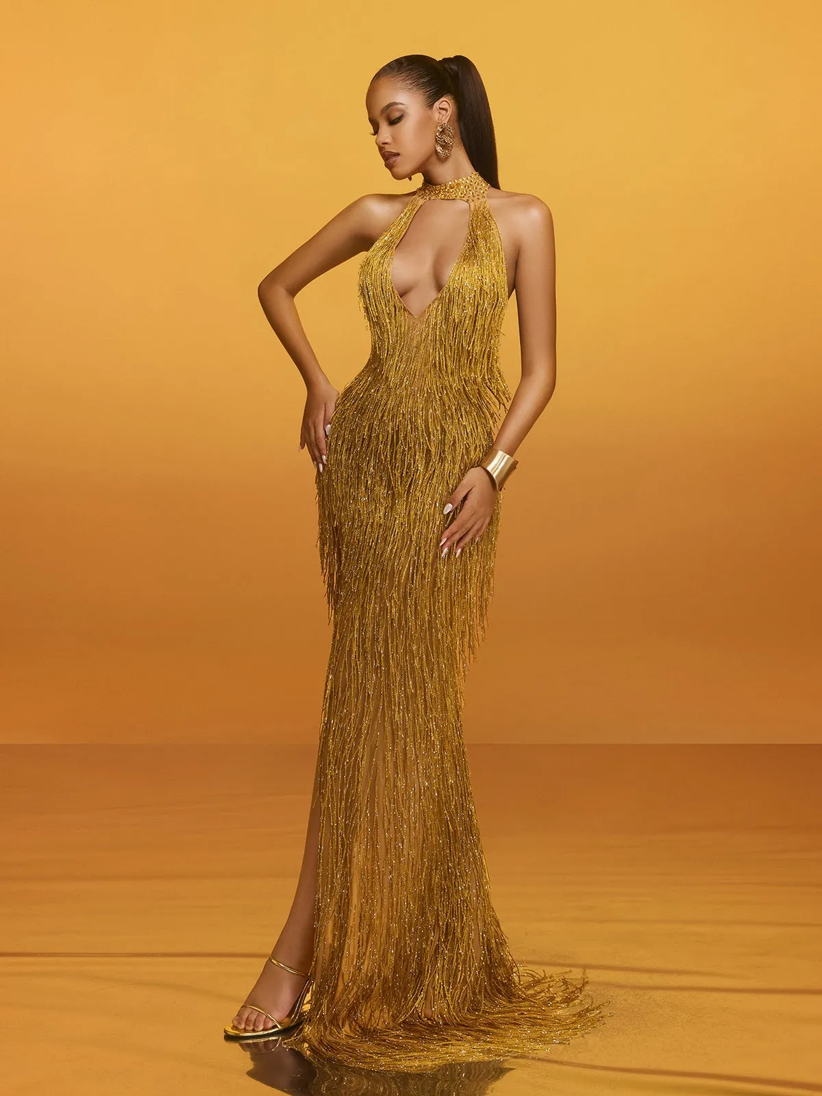 Elvrik Halterneck Fringe Cutout Split Maxi Dress In Gold sold by Mew Mews product image thumbnail 5