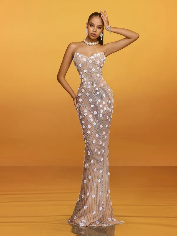 Akrion Strapless Rhinestone Flower Maxi Dress sold by Mew Mews