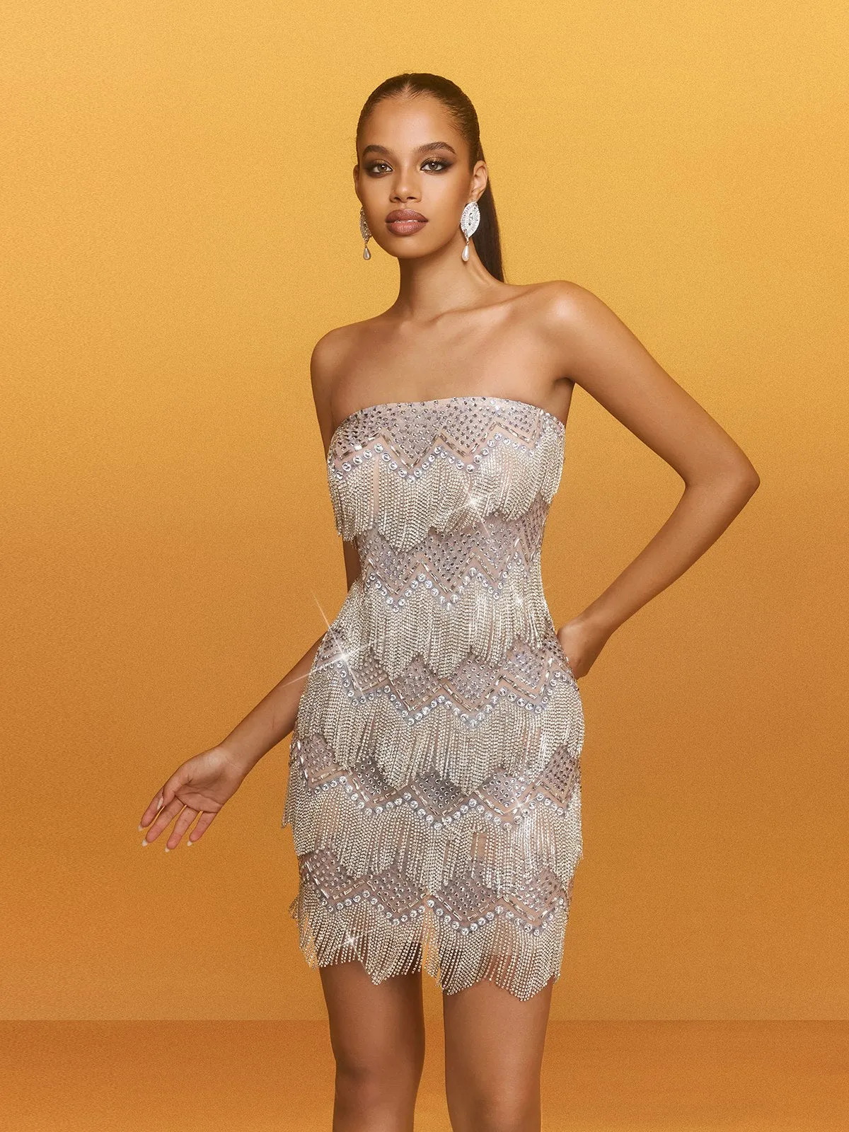 Auvand Strapless Fringe Rhinestone Mini Dress sold by Mew Mews product image thumbnail 4