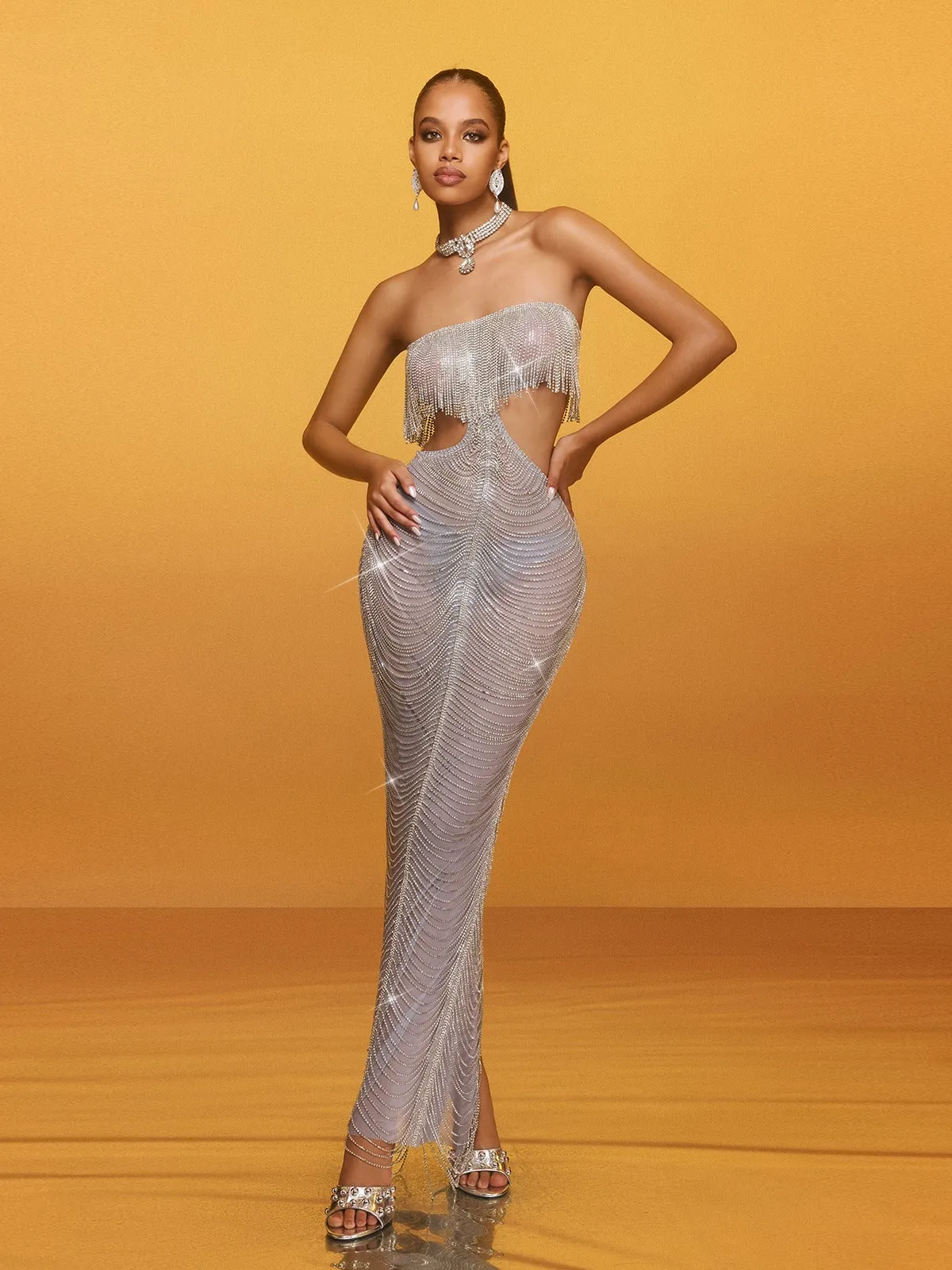 Aurelis Strapless Cutout Fringe Maxi Dress sold by Mew Mews