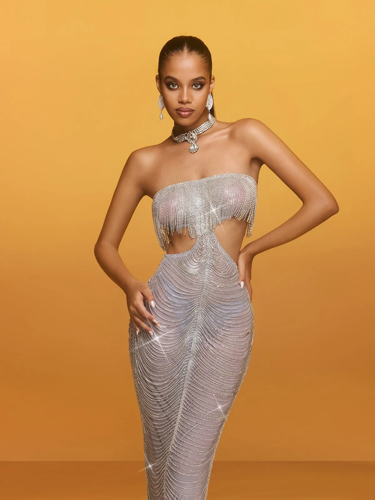 Aurelis Strapless Cutout Fringe Maxi Dress sold by Mew Mews product image thumbnail 5