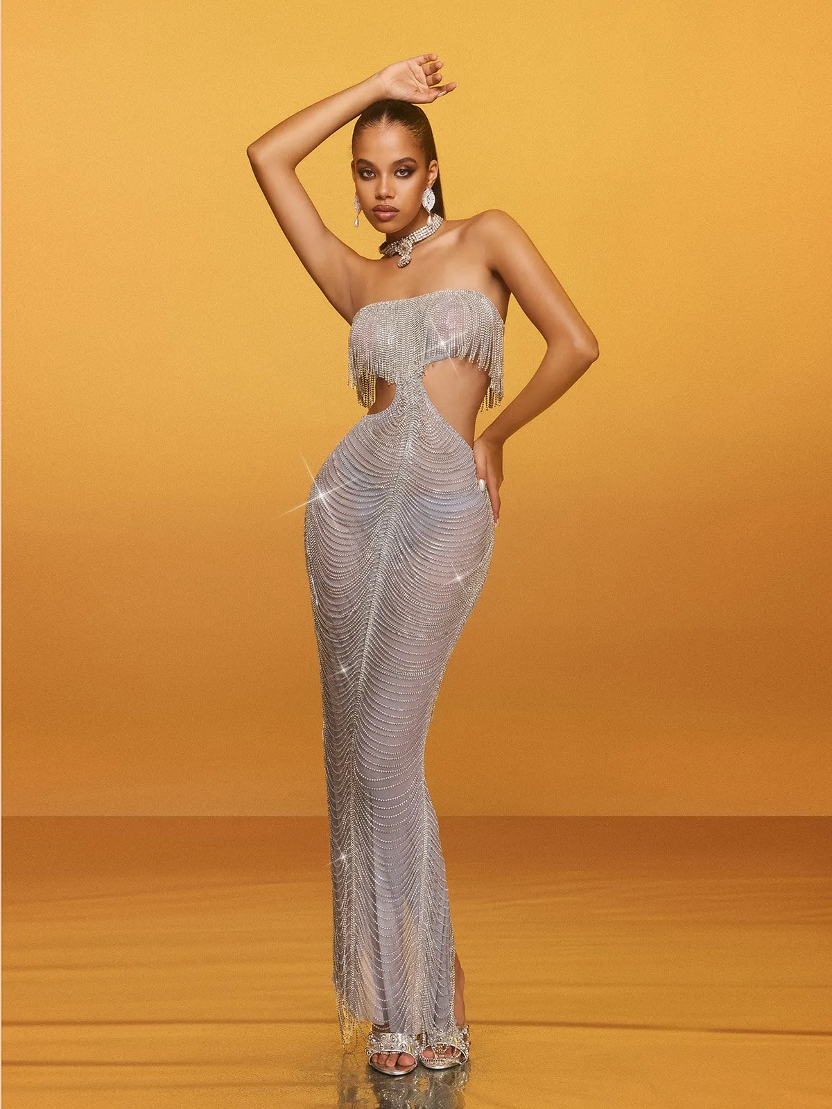 Aurelis Strapless Cutout Fringe Maxi Dress sold by Mew Mews product image thumbnail 2