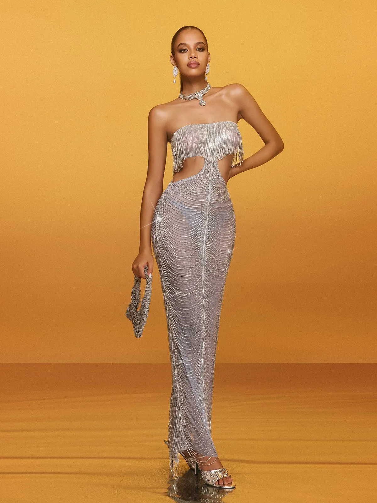 Aurelis Strapless Cutout Fringe Maxi Dress sold by Mew Mews product image thumbnail 3