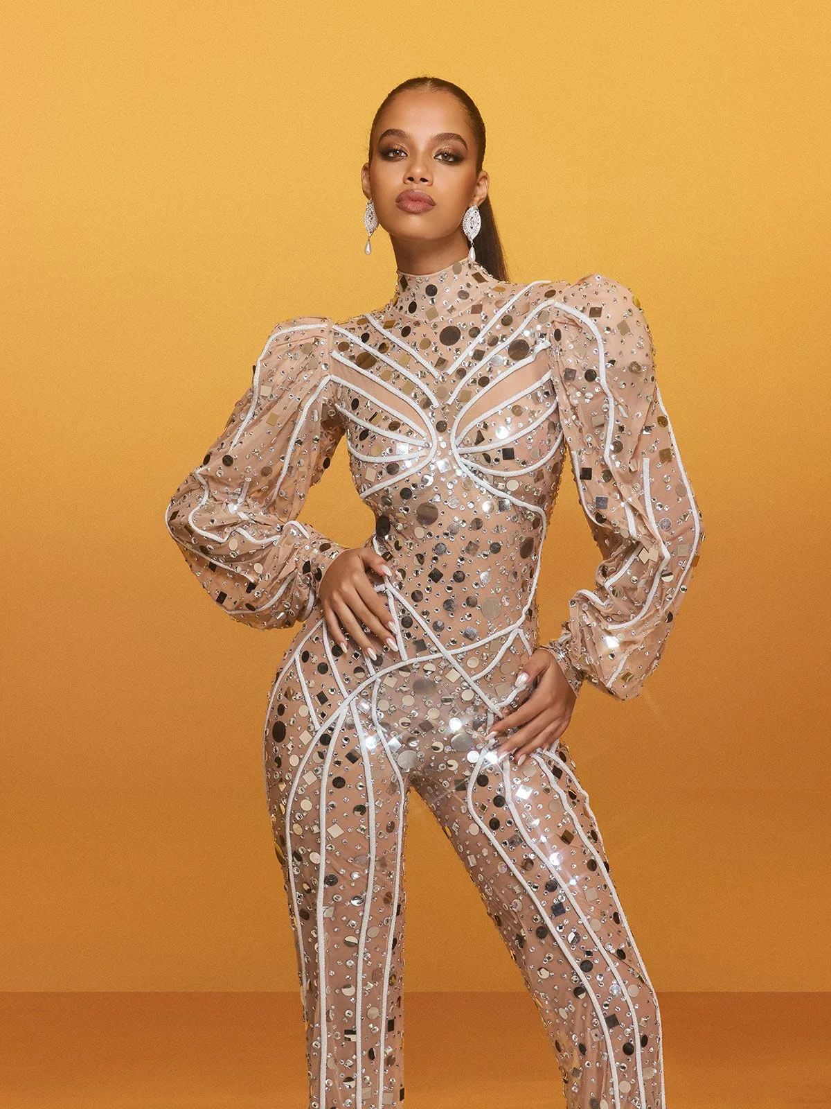 Zylar Long Sleeve Embellished Jumpsuit In Nude sold by Mew Mews product image thumbnail 2