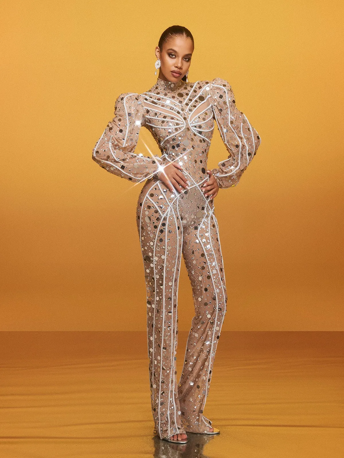 Zylar Long Sleeve Embellished Jumpsuit In Nude sold by Mew Mews product image thumbnail 5