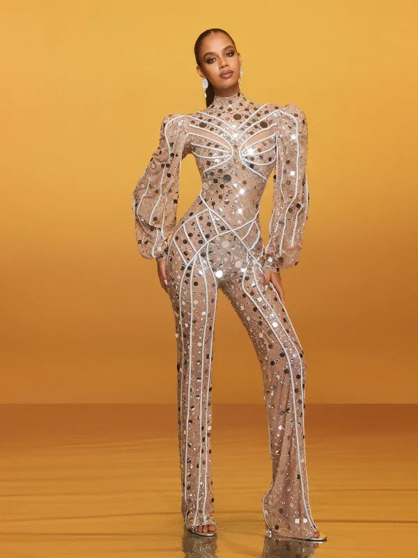Zylar Long Sleeve Embellished Jumpsuit In Nude sold by Mew Mews