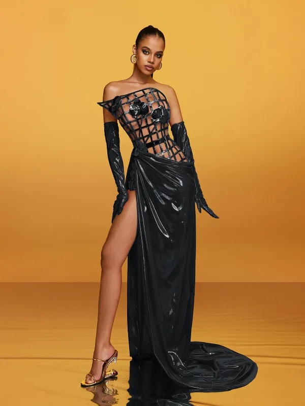 Aethon Strapless Metallic Flower Maxi Dress In Black sold by Mew Mews