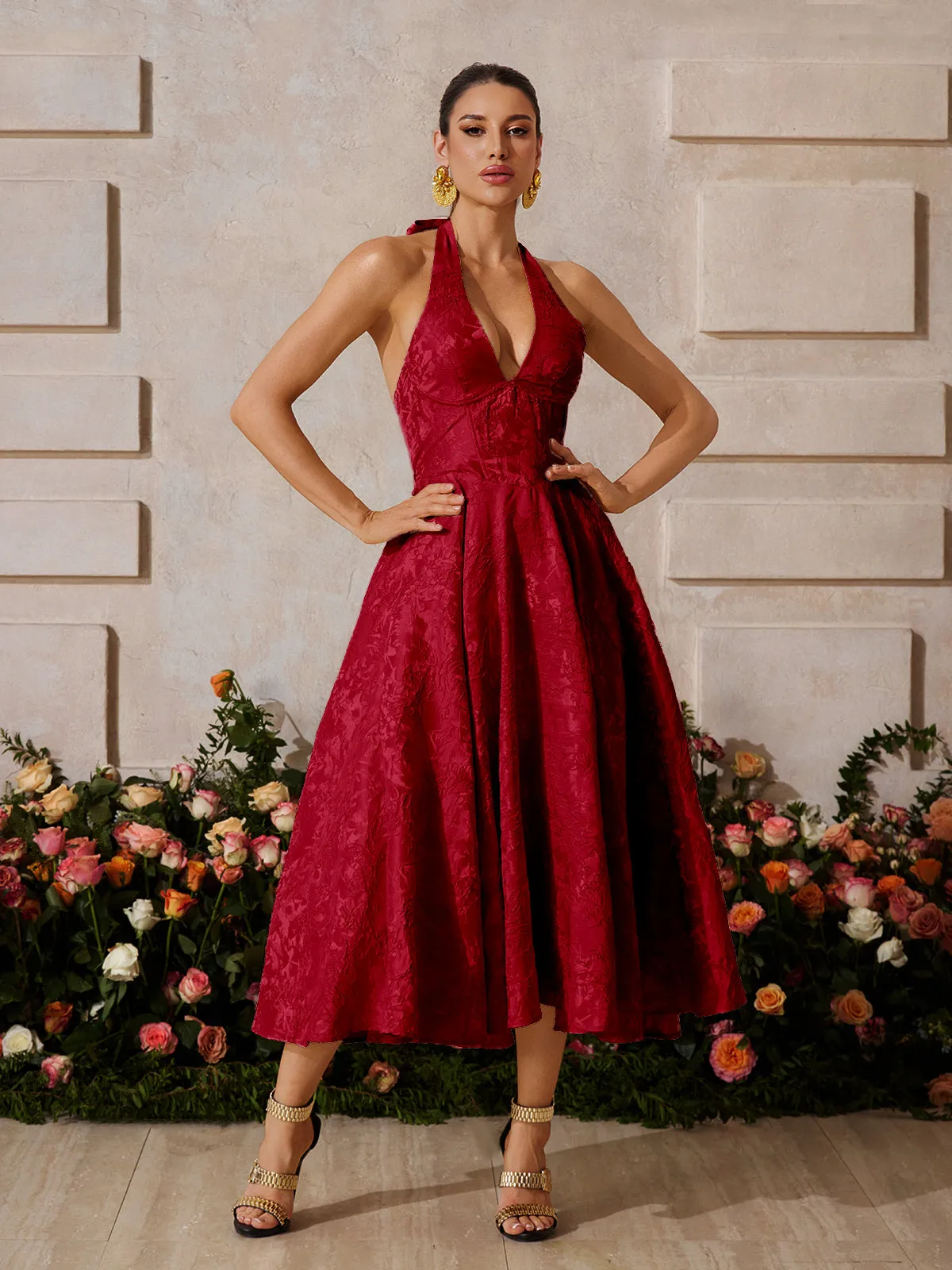 Emberi Lace Up Floral Midi Dress In Wine sold by Mew Mews product image thumbnail 4