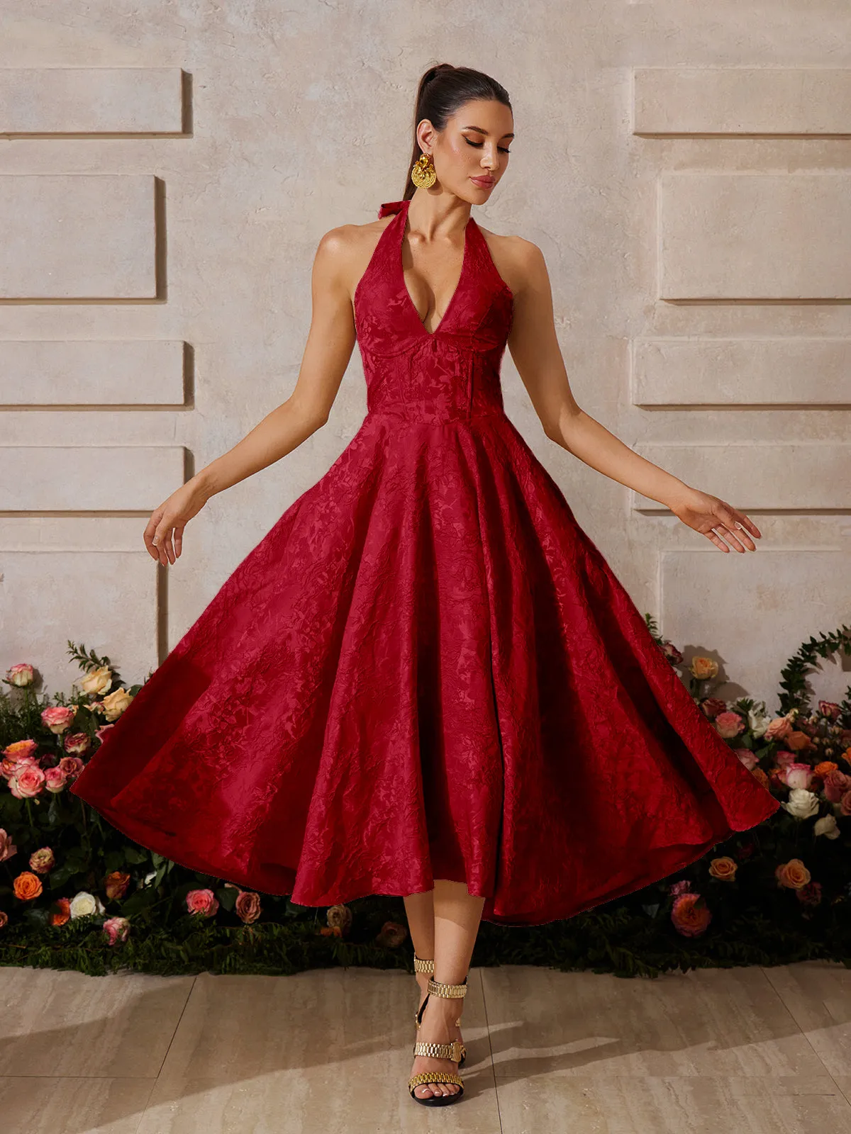 Emberi Lace Up Floral Midi Dress In Wine sold by Mew Mews product image thumbnail 2