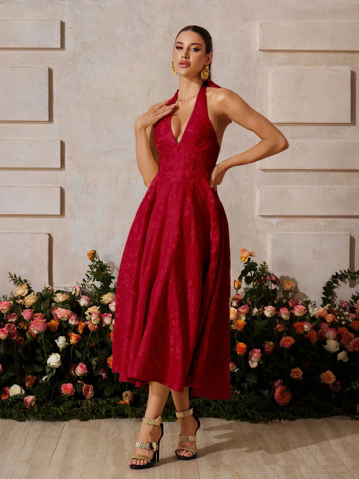 Emberi Lace Up Floral Midi Dress In Wine sold by Mew Mews product image thumbnail 5