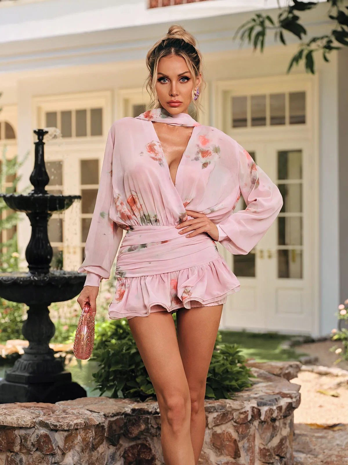 Doren Floral Ruched Scarf Mini Dress In Pink sold by Mew Mews product image thumbnail 5
