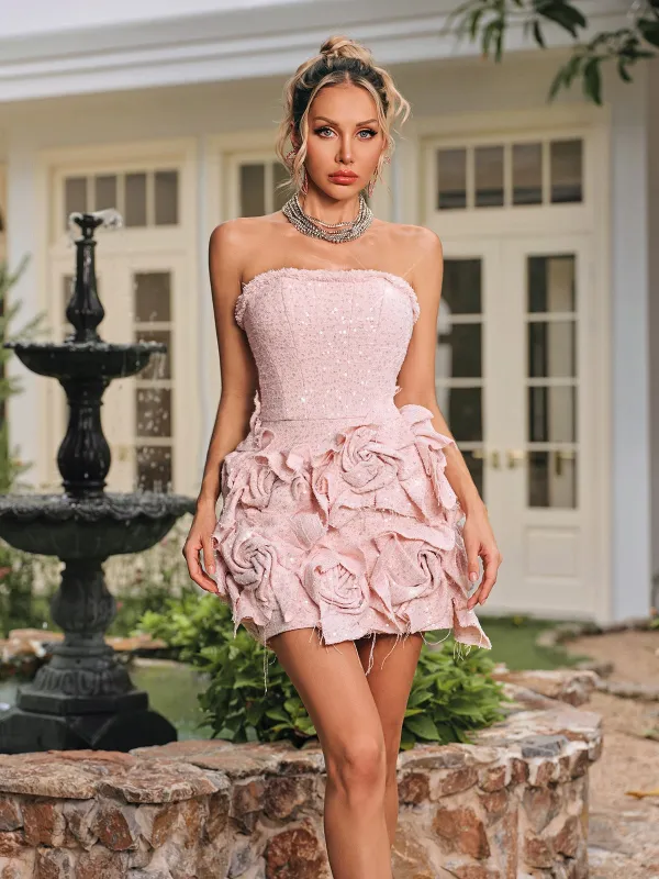 Daelen Strapless Flower Sequin Tweed Mini Dress sold by Mew Mews