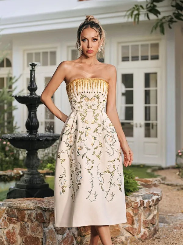 Rhoslyn Strapless Embroidered Midi Dress sold by Mew Mews