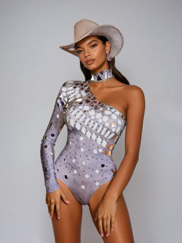 Laelara One Shoulder Acrylic Rhinestone Bodysuit sold by Mew Mews