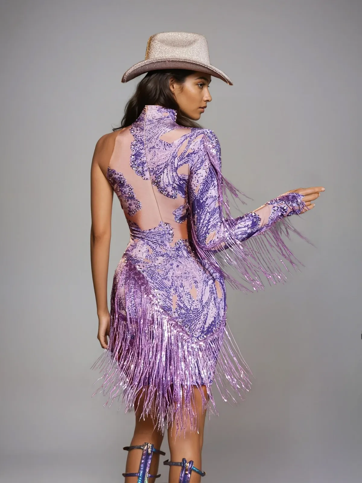 Shatora One Shoulder Rhinestone Fringe Mini Dress sold by Mew Mews product image thumbnail 5