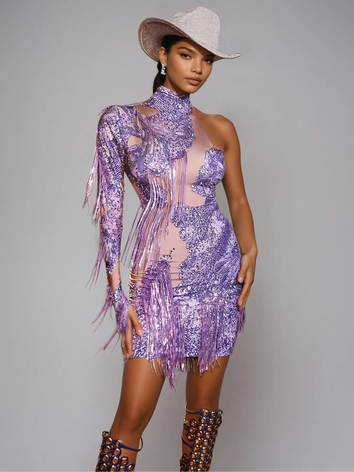 Shatora One Shoulder Rhinestone Fringe Mini Dress sold by Mew Mews product image thumbnail 3