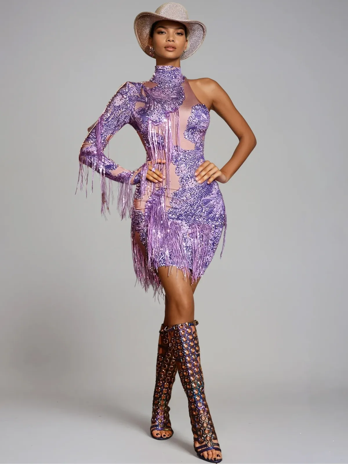 Shatora One Shoulder Rhinestone Fringe Mini Dress sold by Mew Mews product image thumbnail 4