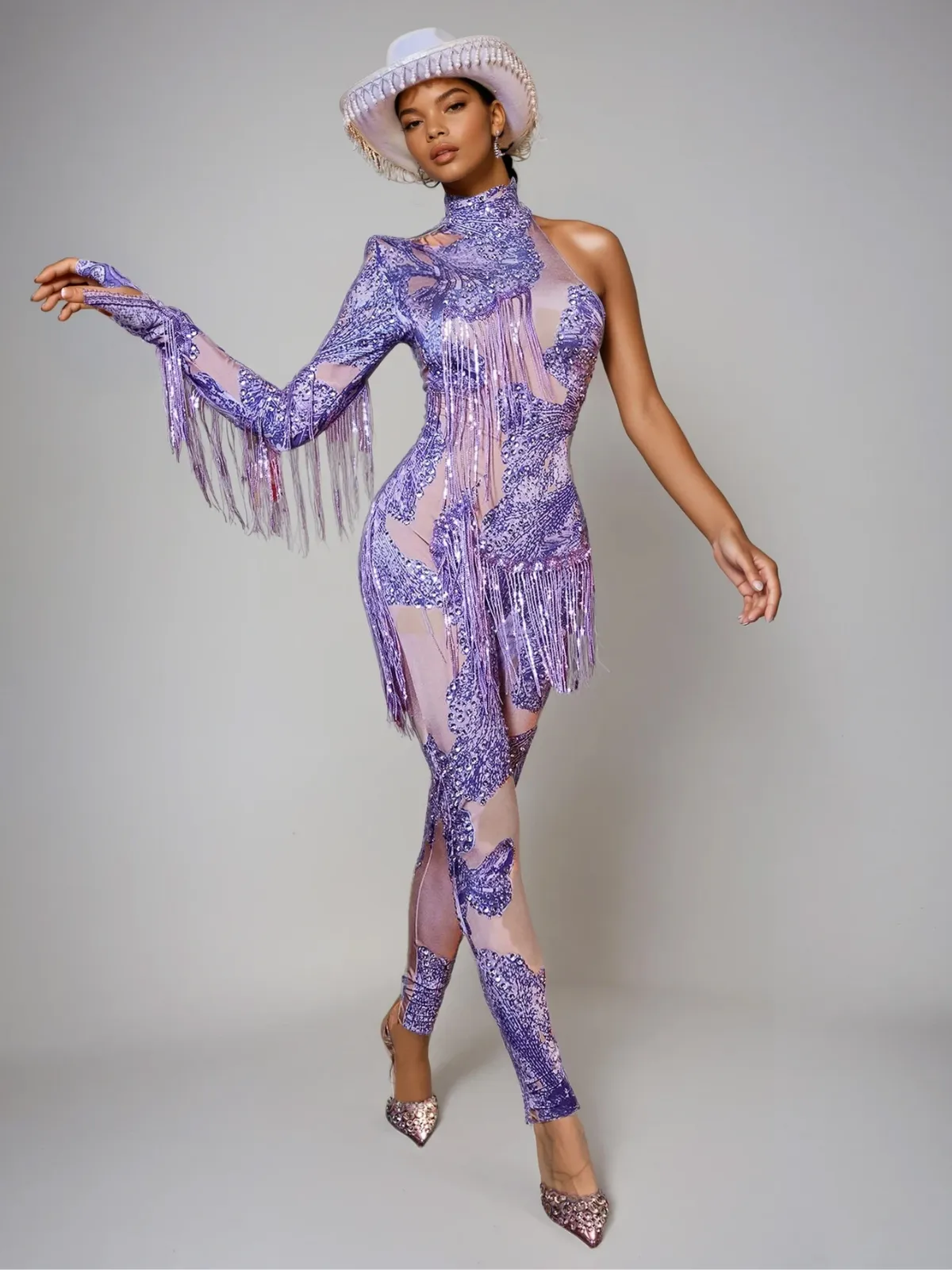 Shatora One Shoulder Rhinestone Fringe Jumpsuit sold by Mew Mews product image thumbnail 2