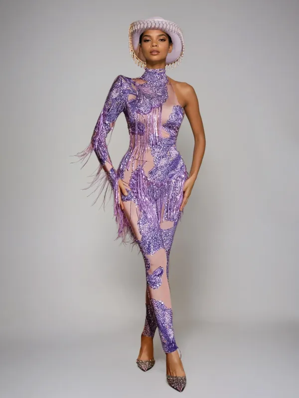 Shatora One Shoulder Rhinestone Fringe Jumpsuit sold by Mew Mews